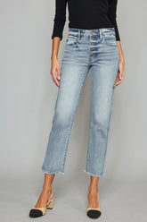 Kancan Women's High Waist Button Fly Jeans - Vintage Raw Hem Cropped Straight